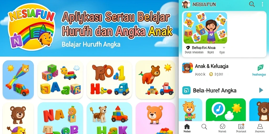 Antarmuka aplikasi NESIAFUN yang interaktif untuk belajar huruf dan angka.